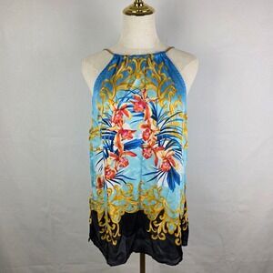 NWT Cache Halter Neck Satin Tropical Floral Gold Scroll Print Top Blue Black L